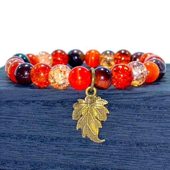 Handmade Fall Leaf Charm Bracelet with Natural Tiger & Cat Eye! - Picture 1 of 6